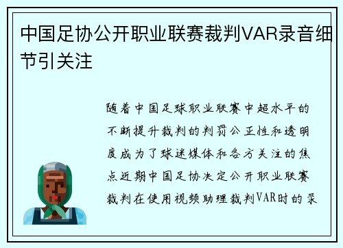 中国足协公开职业联赛裁判VAR录音细节引关注
